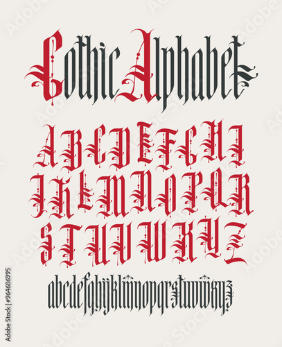 Gothic font. Full set of capital and small letters of English alphabet in vintage style. Medieval Latin letters. Vector calligraphy and lettering. Suitable for tattoo, label, headline, poster, etc.