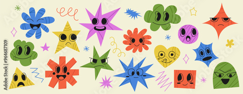 Set of abstract character figure. Stickers comic organic figure with face. Funny child stars. Doodle flat illustration for kids.