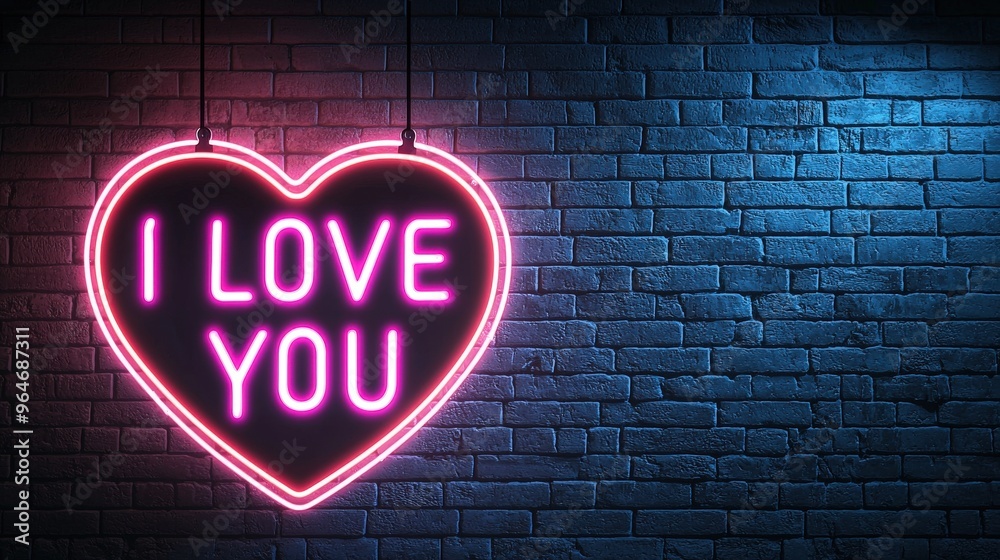 Fototapeta premium Pink Neon Heart I Love You Sign on Brick Wall