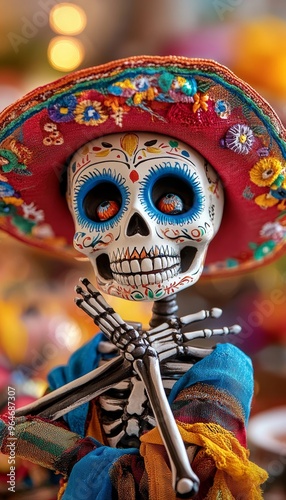 Handcrafted Sugar Skull Figurine with Colorful Mexican Hat for Day of the Dead