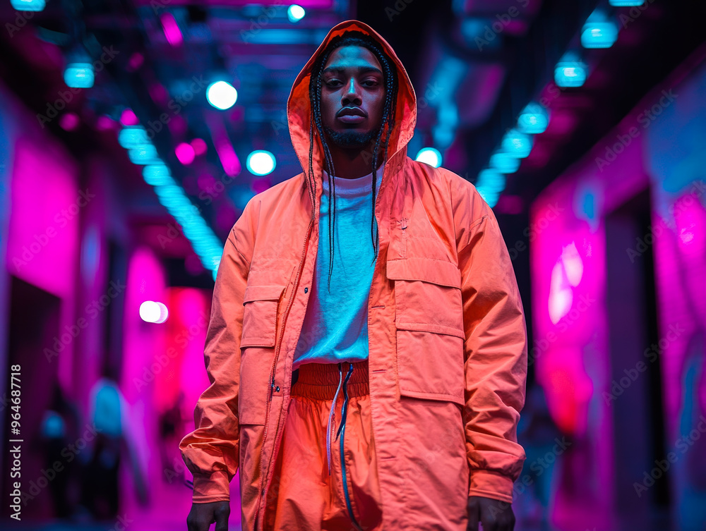 Man in orange streetwear jacket under neon lights
Man in orange streetwear jacket under neon lights