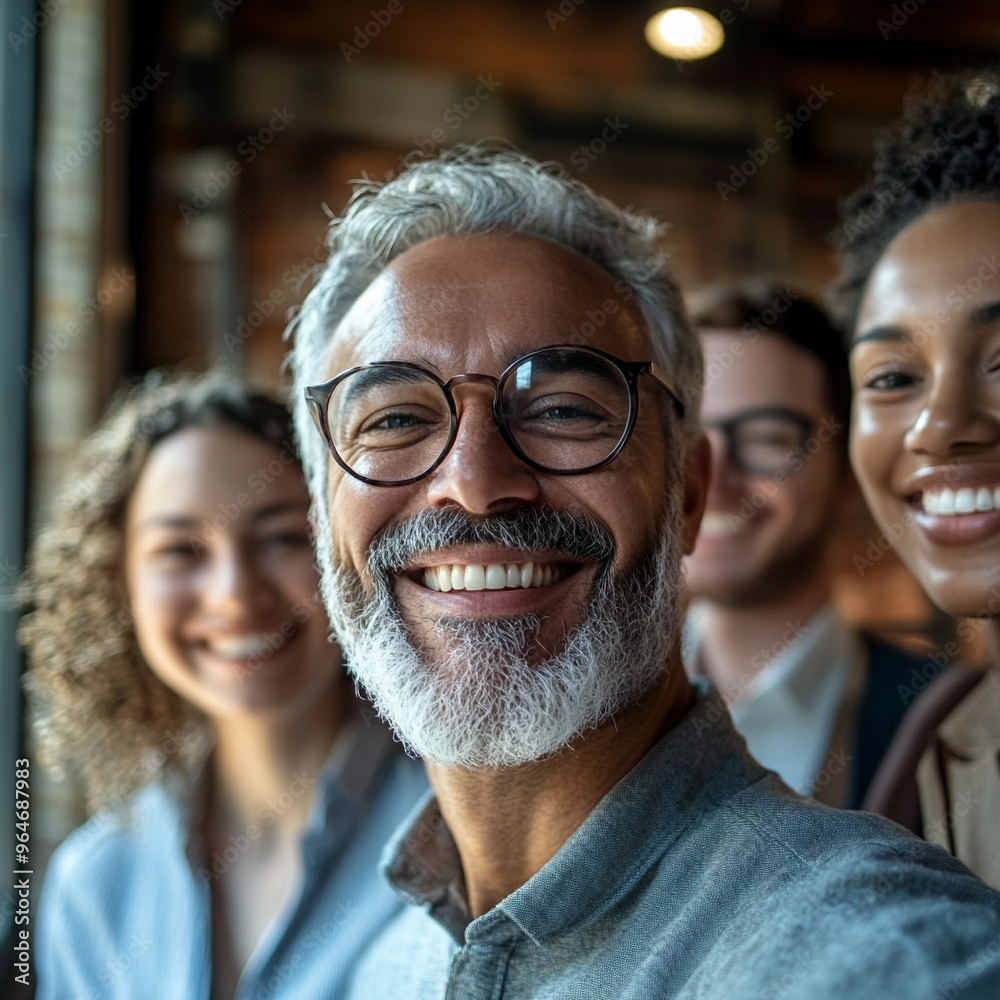 A man with glasses is smiling at the camera with a group of people A man with glasses is smiling at the camera with a group of people