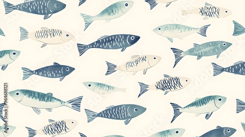 Watercolor Seamless Pattern of Blue and White Fish on Cream Background