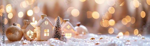 Christmas village with festive decorations and bokeh lights, background photo