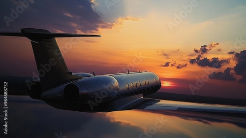 Private jet flying through sunset clouds