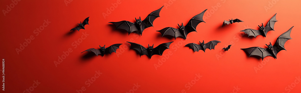 Fototapeta premium Halloween minimalist background with Black bats on bright color backdrop