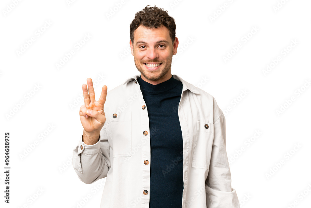 Brazilian man over isolated chroma key background happy and counting three with fingers Brazilian man over isolated chroma key background happy and counting three with fingers