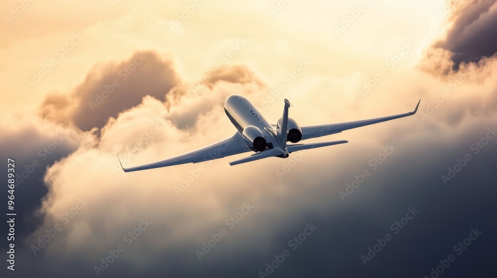 Private jet flying through clouds at sunrise Private jet flying through clouds at sunrise