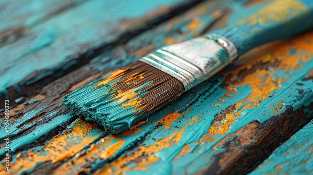 A macro view of vibrant turquoise paint on a textured wooden surface with a painted brush A macro view of vibrant turquoise paint on a textured wooden surface with a painted brush