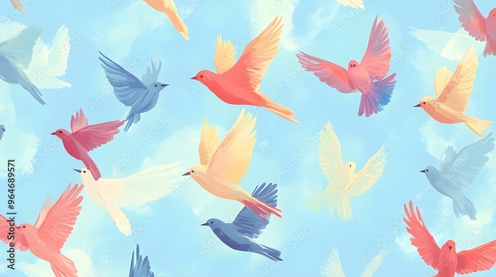 Fototapeta premium Colorful Birds Flying in the Sky with Clouds