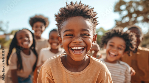 A group of children are smiling and laughing together