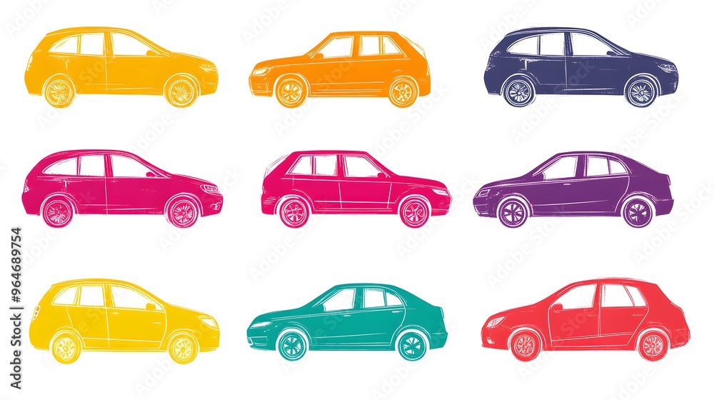 Colorful Car Silhouettes in Sketch Style Colorful Car Silhouettes in Sketch Style