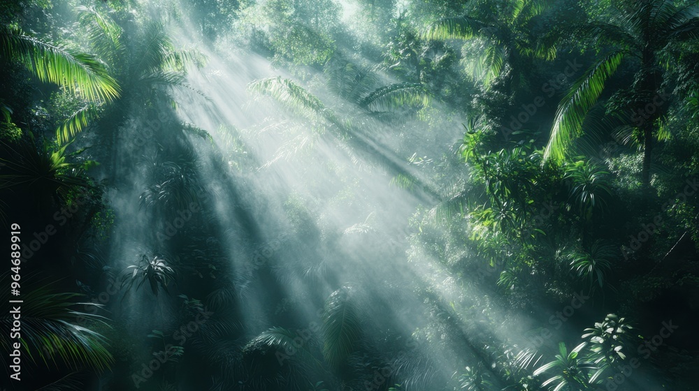 Obraz premium Lush green rainforest with mist rising between the trees, sunlight filtering through the dense foliage