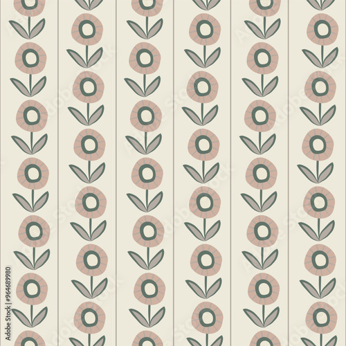 Neutral daisy flower vector seamless pattern background. Geometrical vertical floral backdrop with flowers and thin stripes Botanical repeat for garden, gender neutral baby.Farmhouse scandi style