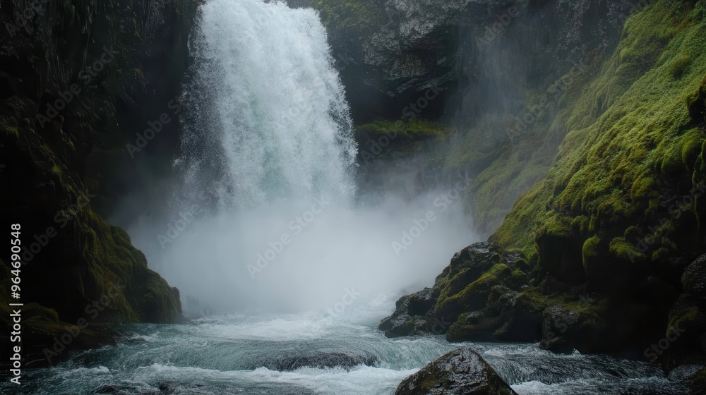 Close-up of a powerful waterfall plunging into a deep pool, surrounded by moss-covered rocks and mist Close-up of a powerful waterfall plunging into a deep pool, surrounded by moss-covered rocks and mist