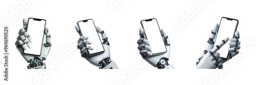 Set of robot hand holding smartphone, isolated over on transparent white background