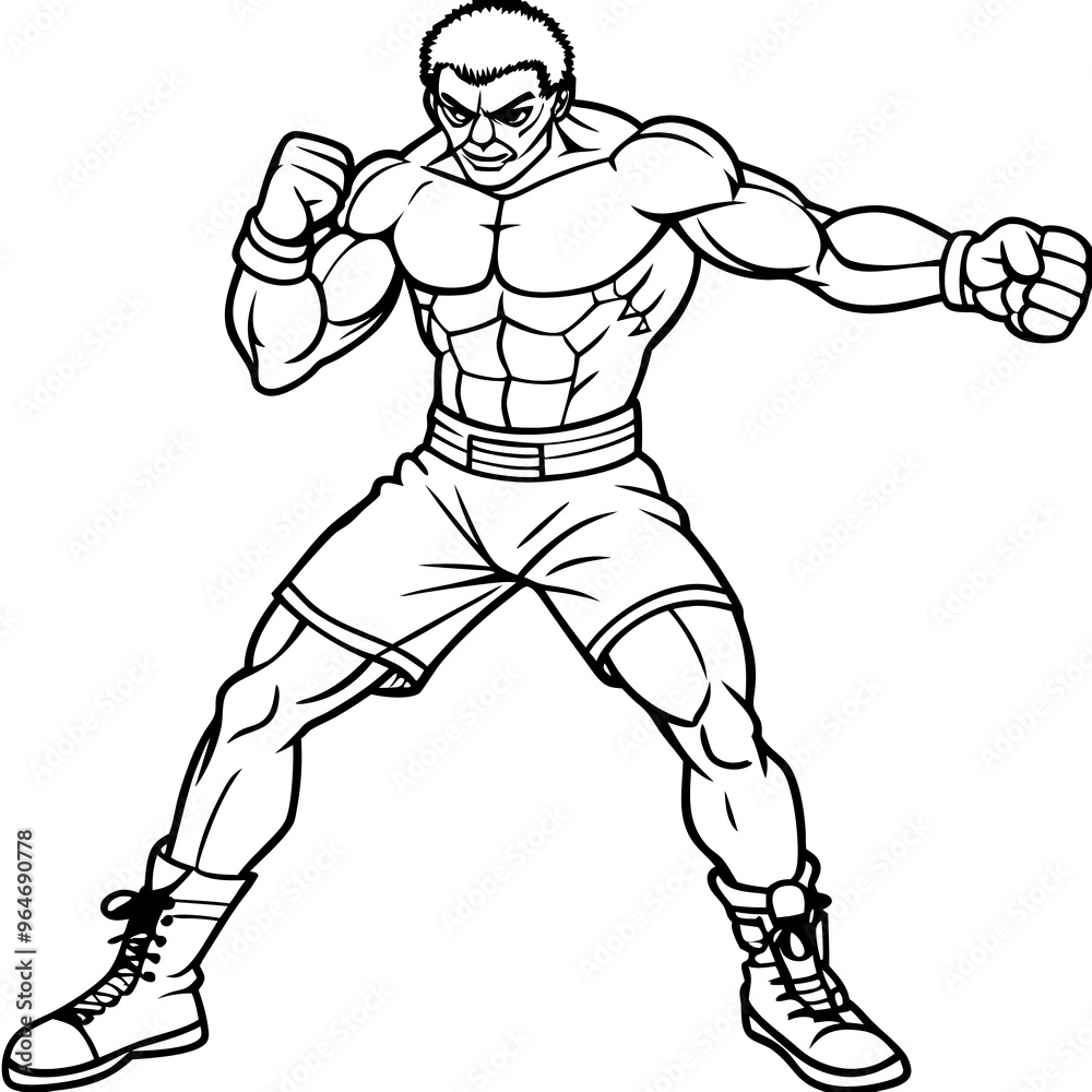 Fototapeta premium Boxer ready to fight on white background. Outline art.