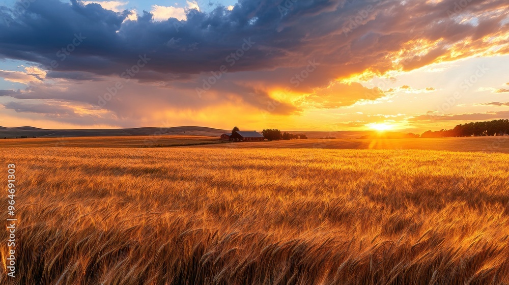 Golden wheat fields swaying in the breeze under a dramatic sunset, with a distant farmhouse on the horizon Golden wheat fields swaying in the breeze under a dramatic sunset, with a distant farmhouse on the horizon