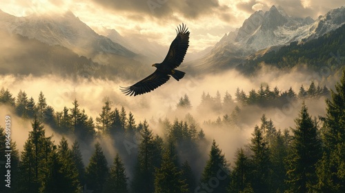 Majestic eagle soaring high above a dense forest, with mountains in the distance and clouds casting shadows below