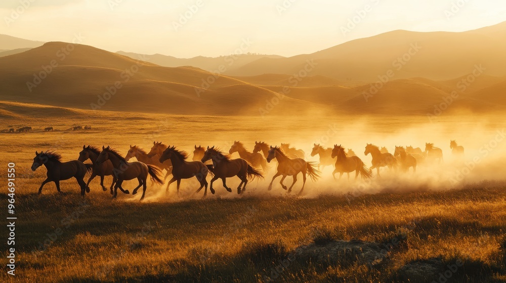 A herd of wild horses galloping across a grassy plain at sunrise, with dust kicking up behind them A herd of wild horses galloping across a grassy plain at sunrise, with dust kicking up behind them