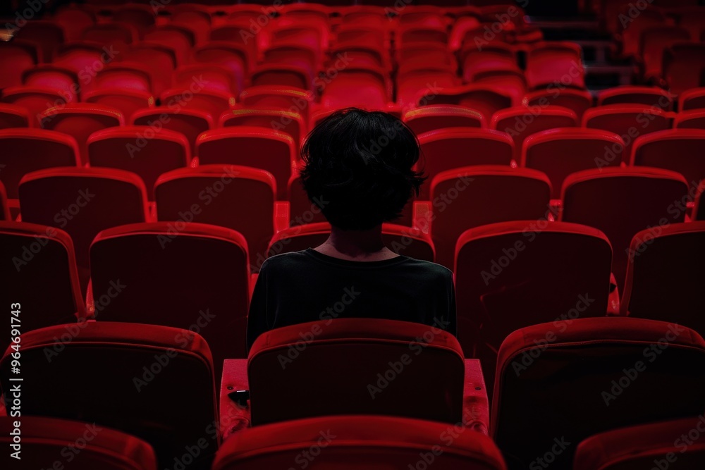Obraz premium A man sits in a red chair in a theater, generative ai image