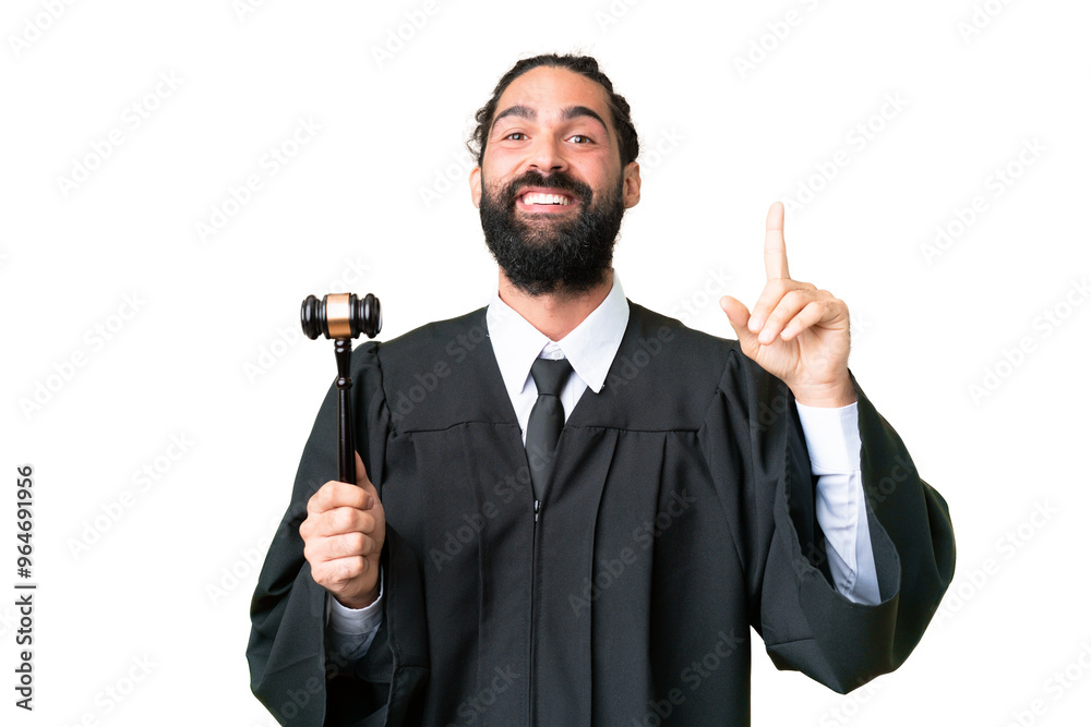 Judge caucasian man over isolated chroma key background pointing up a great idea