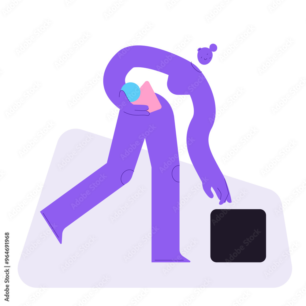 Flat vector illustration of abstract female, holding different items in hands and picking another one up. Full body character for choosing between options, management and multitasking. Flat vector illustration of abstract female, holding different items in hands and picking another one up. Full body character for choosing between options, management and multitasking.