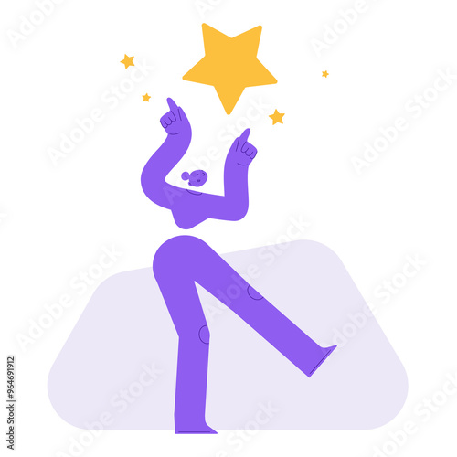 Flat vector illustration of a woman, dancing under bright stars. Celebrating and happy abstract full body character. Design concept for success, giving feedback and reviews.