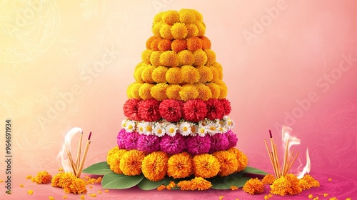 Happy Bathukamma Greetings In Telugu language Typography. Abstract Yellow Traditional floral Background