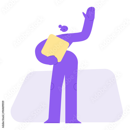 Flat vector illustration of a woman, friendly waving and holding an abstract item. Welcoming new customers, greeting viewers and saying hello. Saluting newcomers. Abstract female character