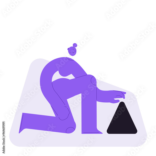 Flat vector illustration of abstract female, sitting near an abstract item and touching it slightly with a hand. Full body character for choosing between options, making and evaluating decisions. 