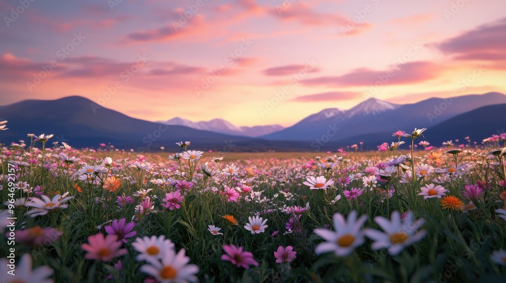 Wildflowers blooming in a vast meadow with mountains in the distance and a soft pastel sky at dusk Wildflowers blooming in a vast meadow with mountains in the distance and a soft pastel sky at dusk