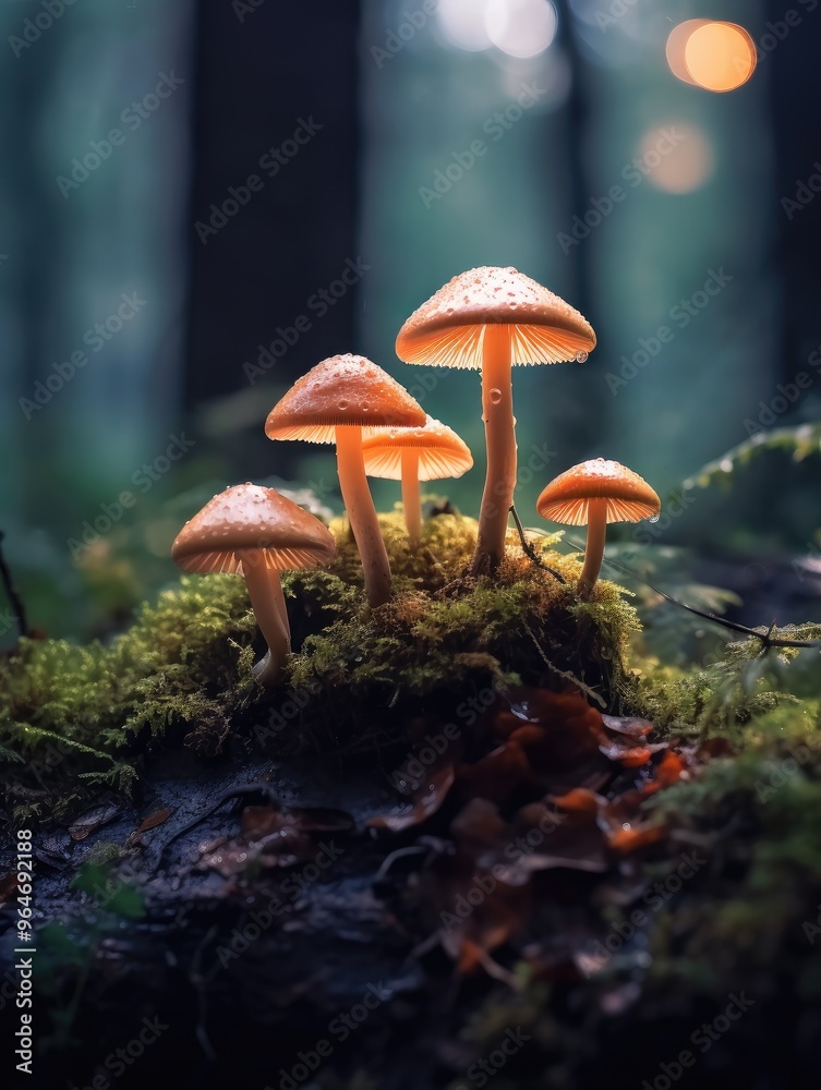 Fototapeta premium Small glowing mushrooms against a forest background