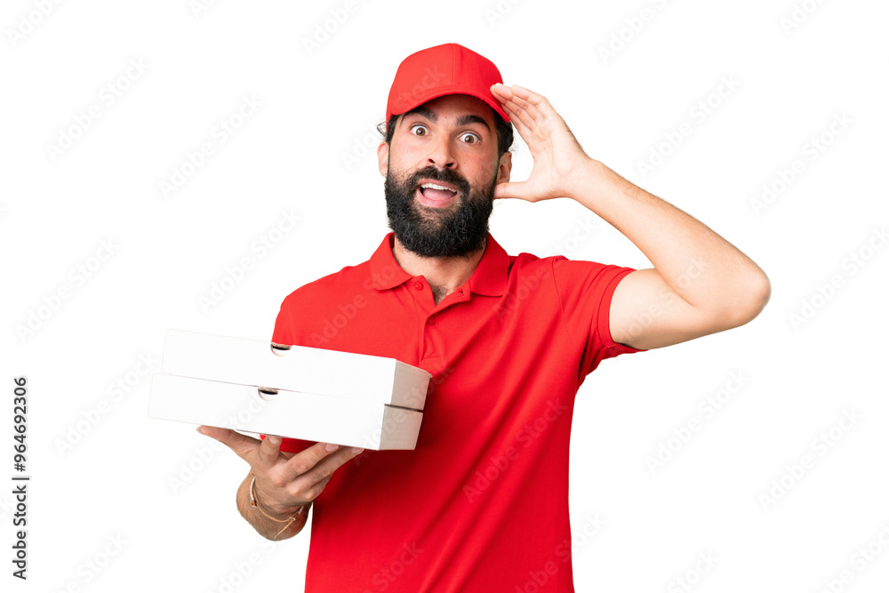 Pizza delivery man with work uniform picking up pizza boxes over isolated chroma key background with surprise expression Pizza delivery man with work uniform picking up pizza boxes over isolated chroma key background with surprise expression