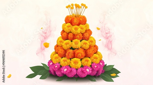 Happy Bathukamma Greetings In Telugu language Typography. Abstract Yellow Traditional floral Background photo