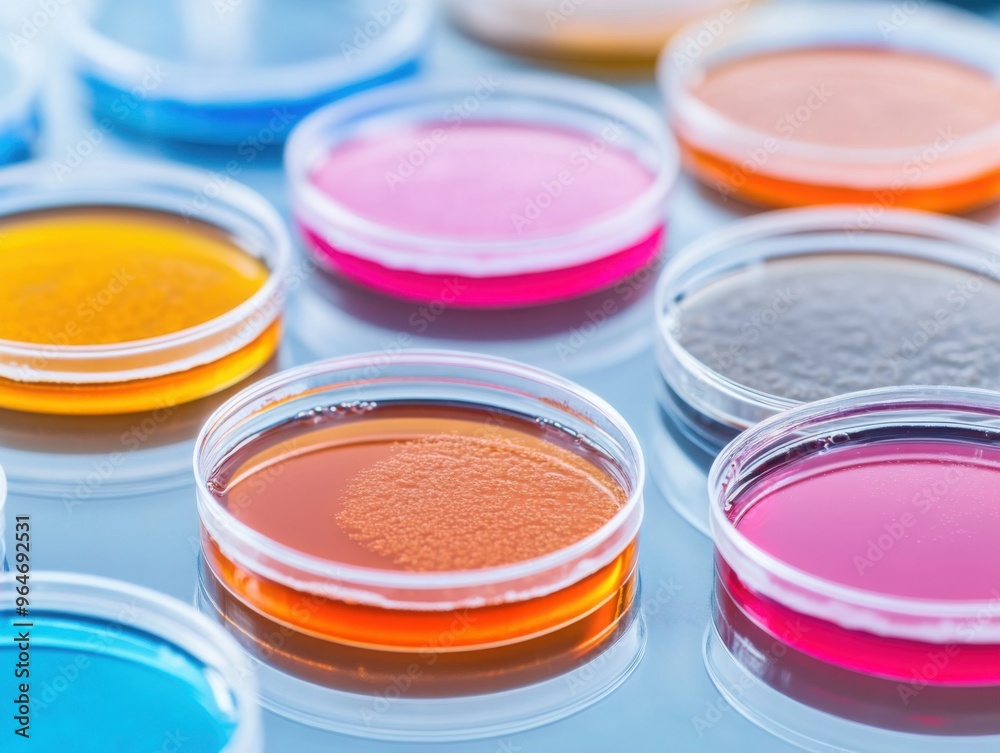 Close-up of petri dishes with bioengineered organisms in a biotechnology research lab random add Close-up of petri dishes with bioengineered organisms in a biotechnology research lab random add