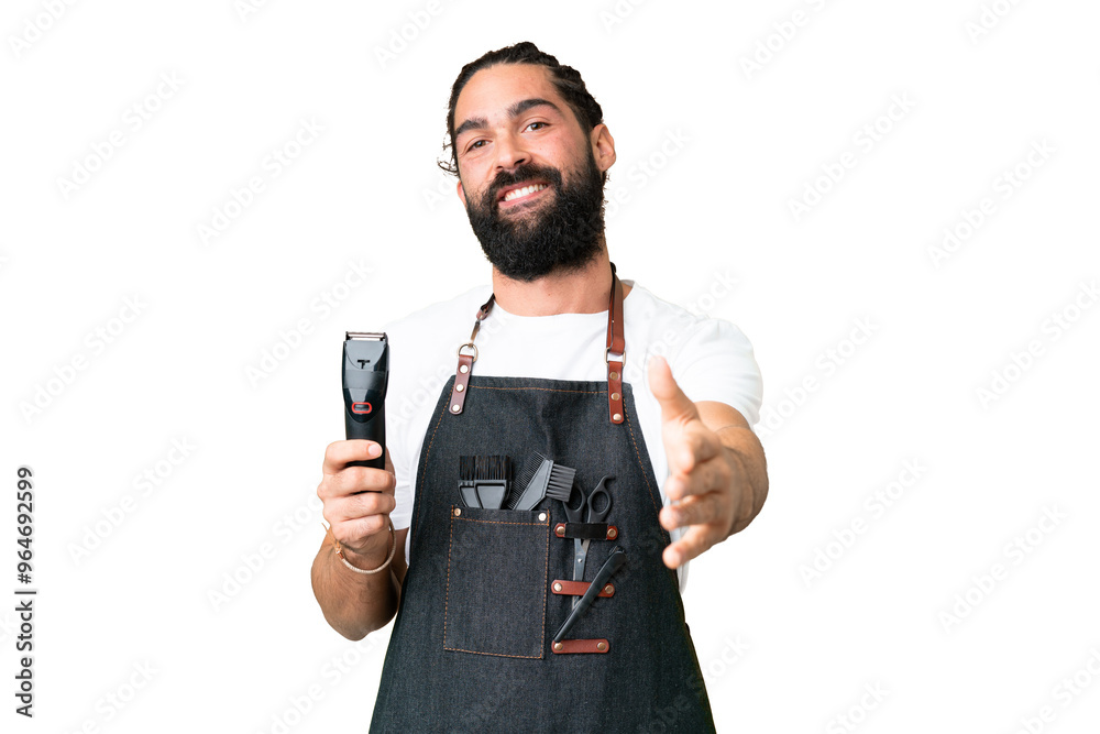 Young barber man over isolated chroma key background shaking hands for closing a good deal Young barber man over isolated chroma key background shaking hands for closing a good deal