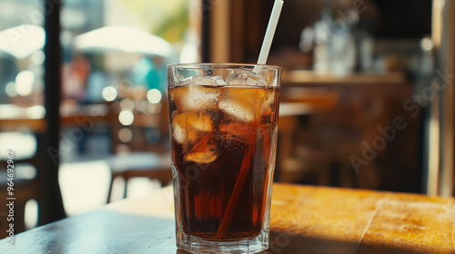 cola drink with ice in glass on the table at cafe 