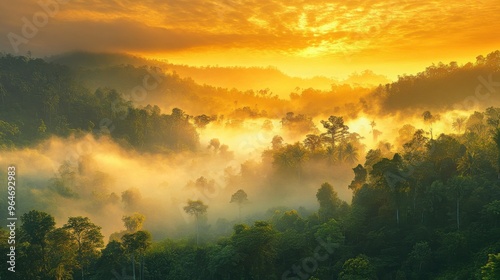 Golden sunrise over a serene forest, with mist rising from the trees and the first light of the day breaking through the canopy