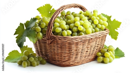 Green Grapes in Wicker Basket with Lush Leaves, Fresh Fruit Harvest, Juicy and Delicious, Healthy Snack, Vitamins and Minerals, Summertime Delight, Organic Produce, Ripe and Sweet