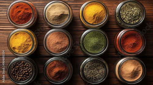 A top view of twelve glass jars filled with various colorful spices and herbs arranged in a grid on a wooden surface. The jars contain powders and whole spices.