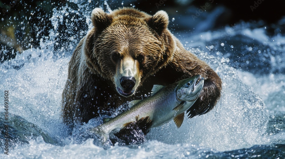 Close-up of a grizzly bear fishing for salmon in a rushing river, water splashing as it lunges at the fish