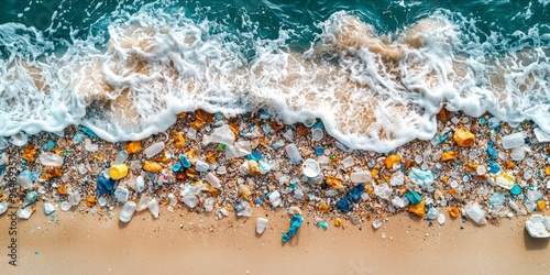 Pollution Crisis: Plastic Waste Littering Coastal Waters Along Sandy Beaches
