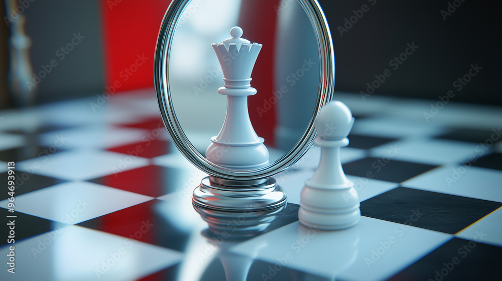 Fototapeta premium Trójwymiarowa scena ukazuje pionka szachowego spoglądającego na swoje odbicie w lustrze, które zmienia się w wizerunek króla. 