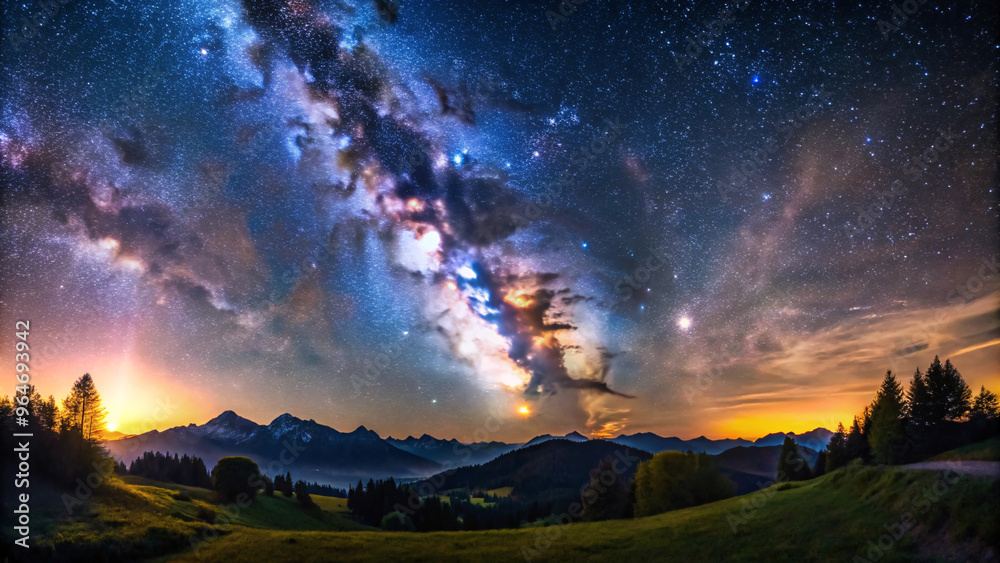 Naklejka premium The Milky Way’s vibrant colors streak across the sky over mountains and forests, with a glowing horizon adding warmth to the celestial beauty