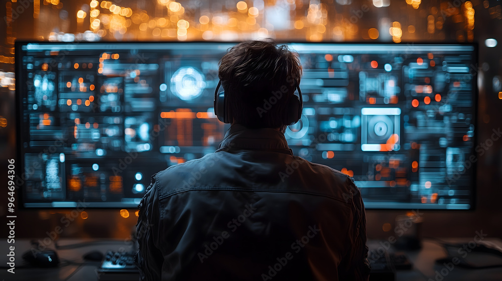 Hombre trabajando frente a múltiples pantallas de datos en un entorno tecnológico Hombre trabajando frente a múltiples pantallas de datos en un entorno tecnológico