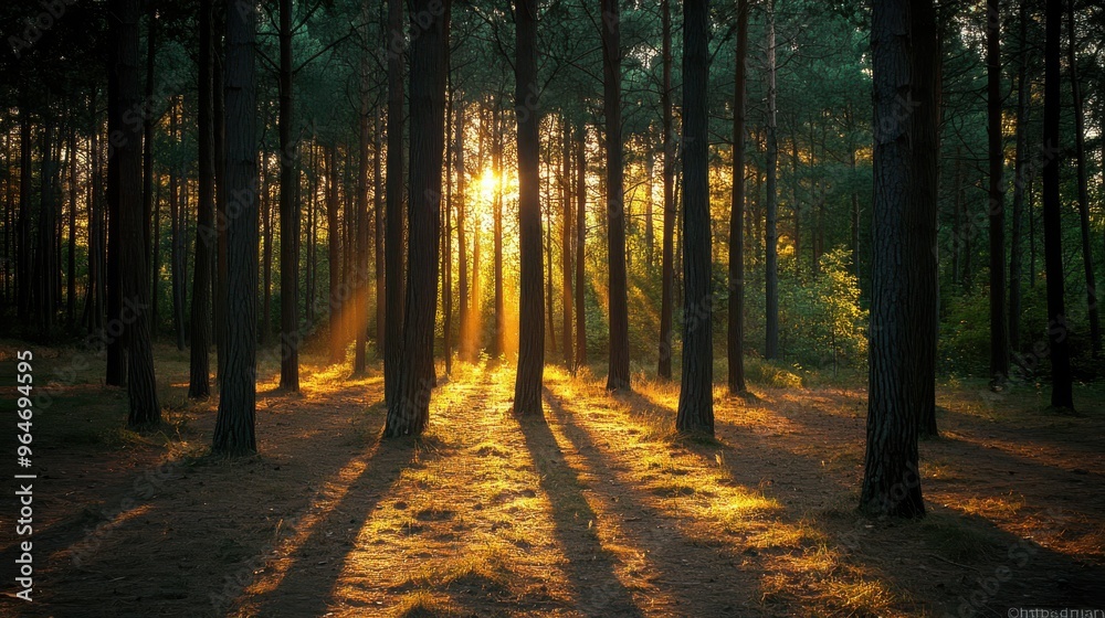 Fototapeta premium Golden sunlight streaming through the trees in a dense forest, casting long shadows on the forest floor