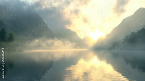 Sunrise over a tranquil lake surrounded by mountains, with mist rising from the water and the first light of the day