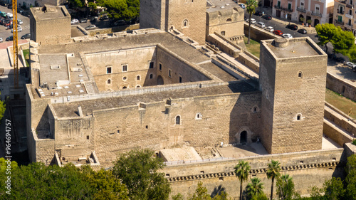 Aerial view of the Norman-Swabian castle in the historic center of Bari, Puglia, Italy. Closeup of a castle in the city.