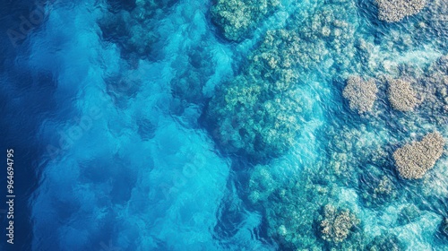 Fototapeta Naklejka Na Ścianę i Meble -  Aerial view of a pristine coral reef in crystal-clear turquoise waters, with vibrant marine life swimming below